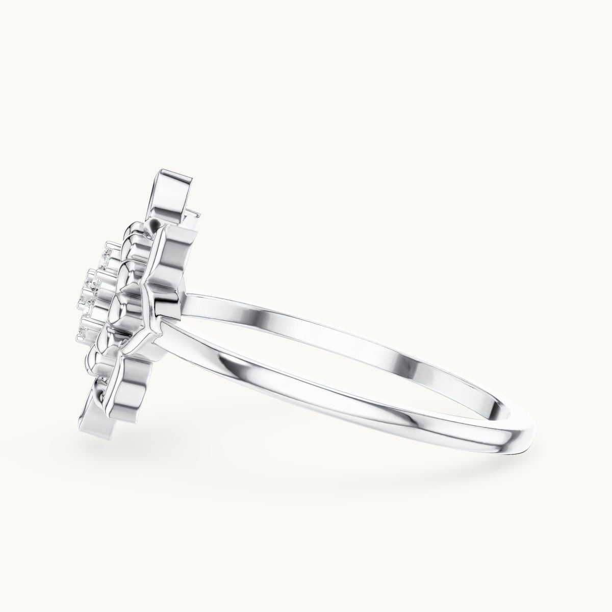 Round lab-grown diamond openwork lotus flower cluster ring in white gold, 0.070 CT TW, view 3