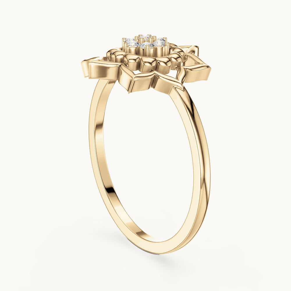 Round lab-grown diamond openwork lotus flower cluster ring in yellow gold, 0.070 CT TW, view 1