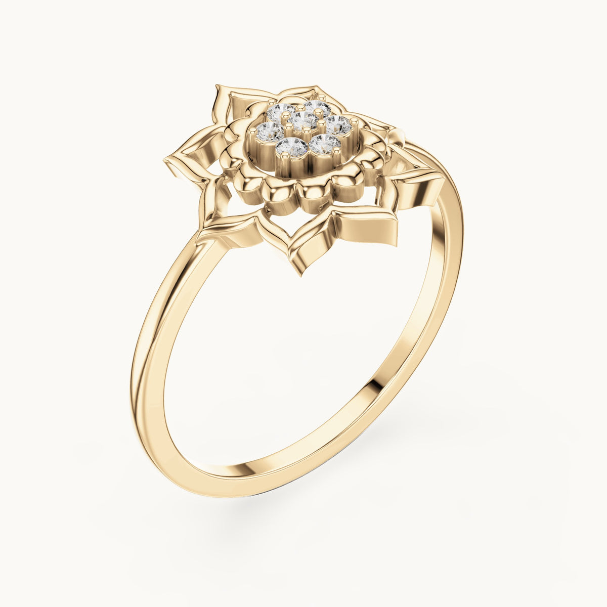 Round lab-grown diamond openwork lotus flower cluster ring in yellow gold, 0.070 CT TW, view 2