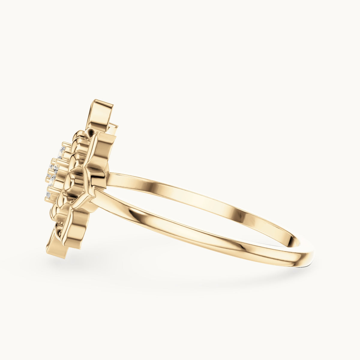Round lab-grown diamond openwork lotus flower cluster ring in yellow gold, 0.070 CT TW, view 3
