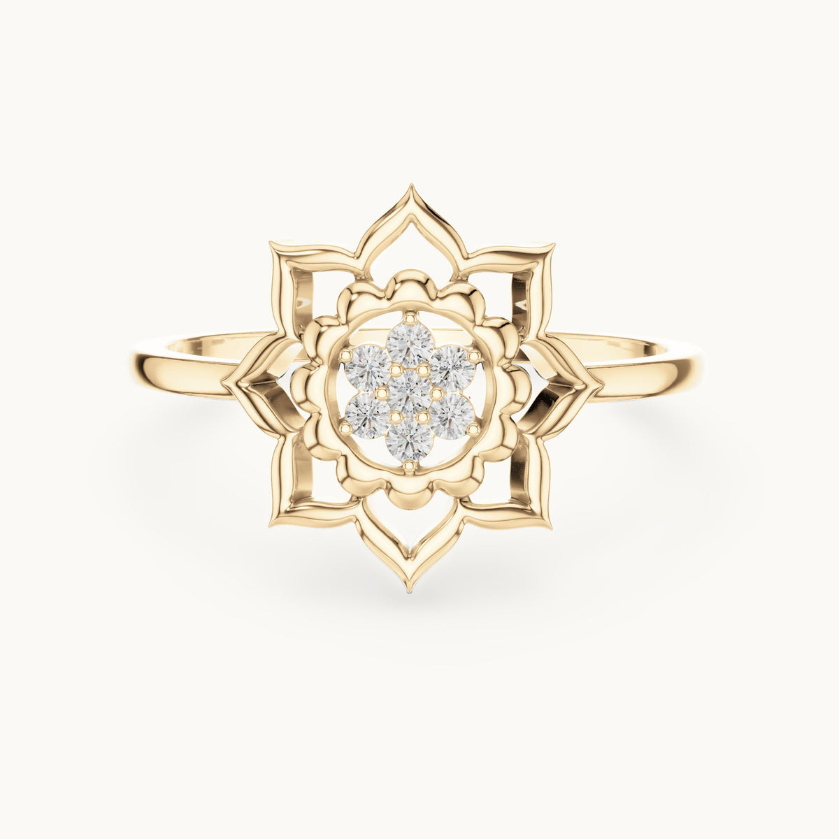 Round lab-grown diamond openwork lotus flower cluster ring in yellow gold, 0.070 CT TW, view 4