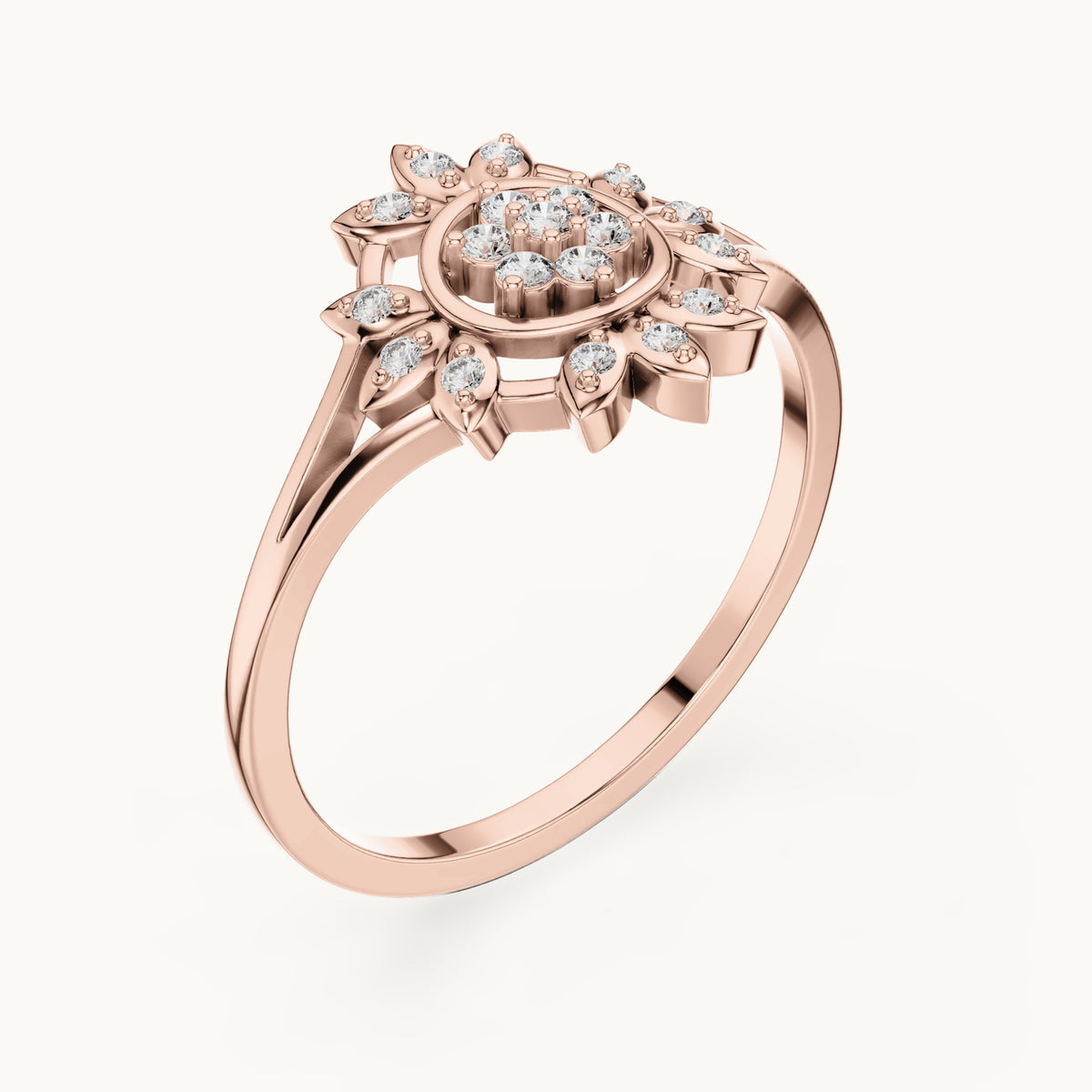 Round lab-grown diamond sunburst flower cluster ring in rose gold, 0.14 CT TW, view 2