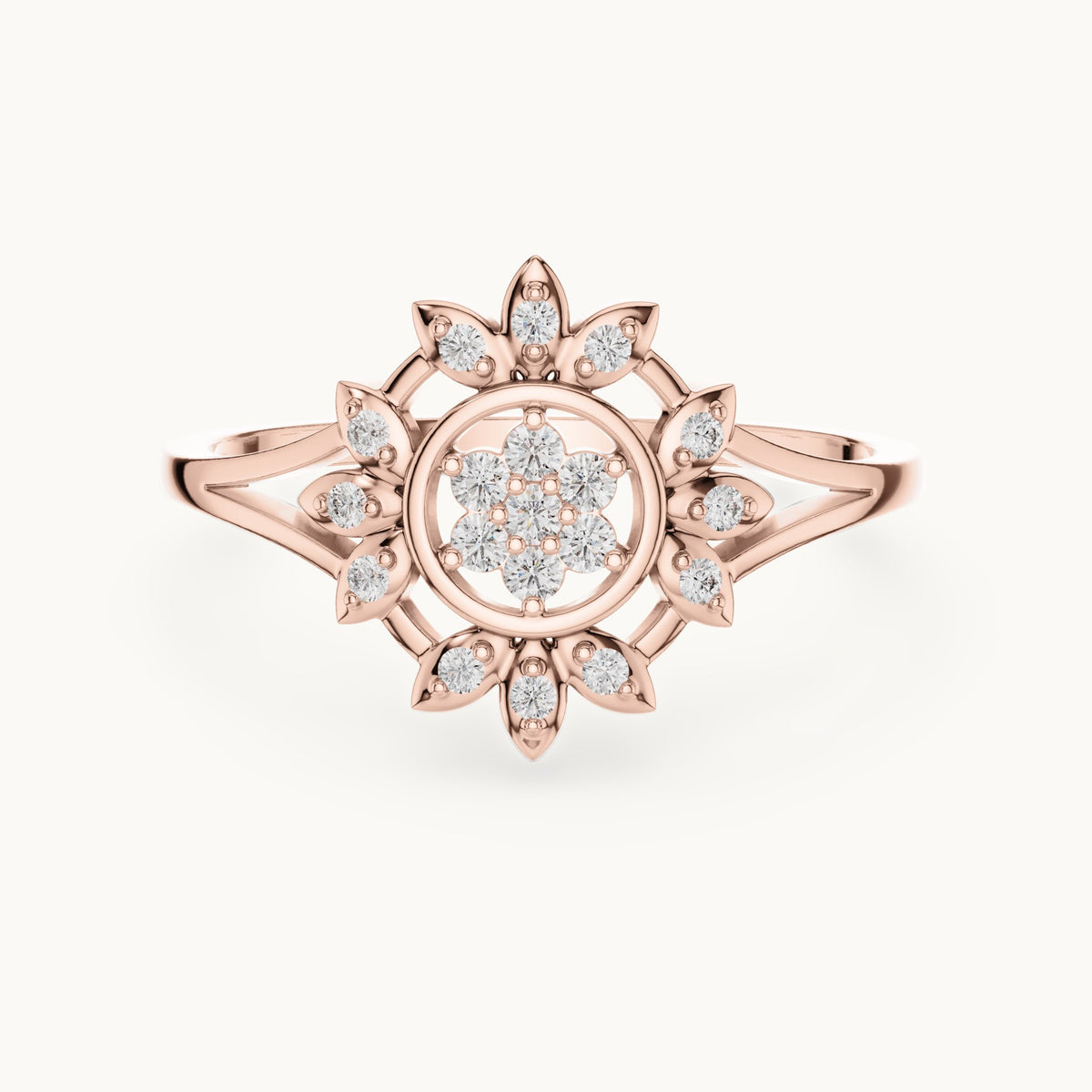 Round lab-grown diamond sunburst flower cluster ring in rose gold, 0.14 CT TW, view 4