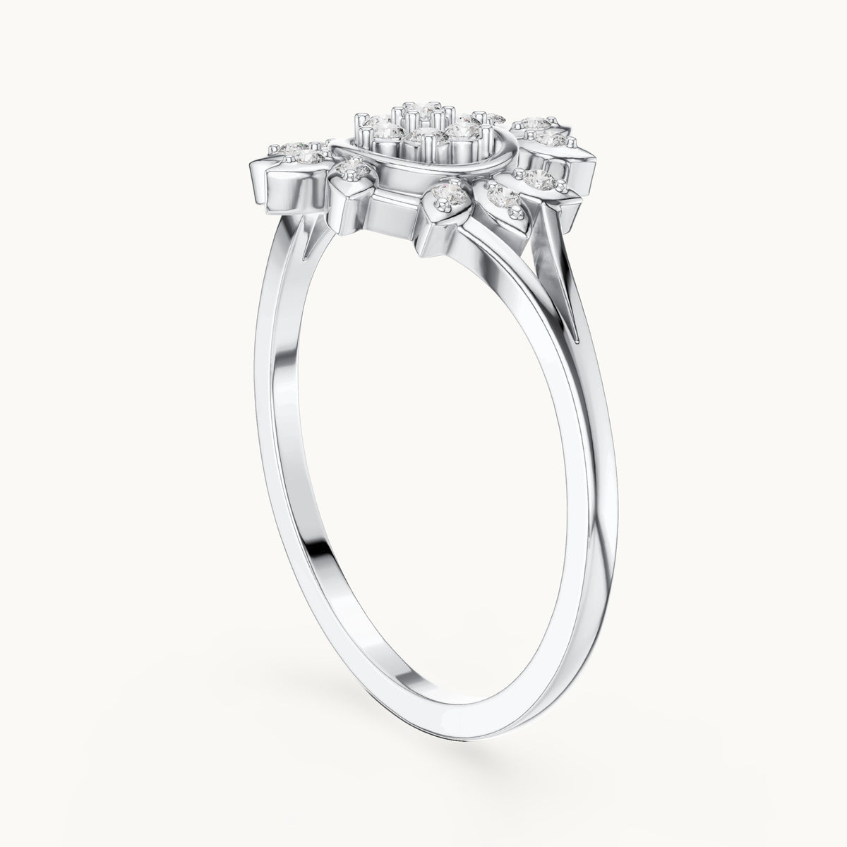 Round lab-grown diamond sunburst flower cluster ring in white gold, 0.14 CT TW, view 1