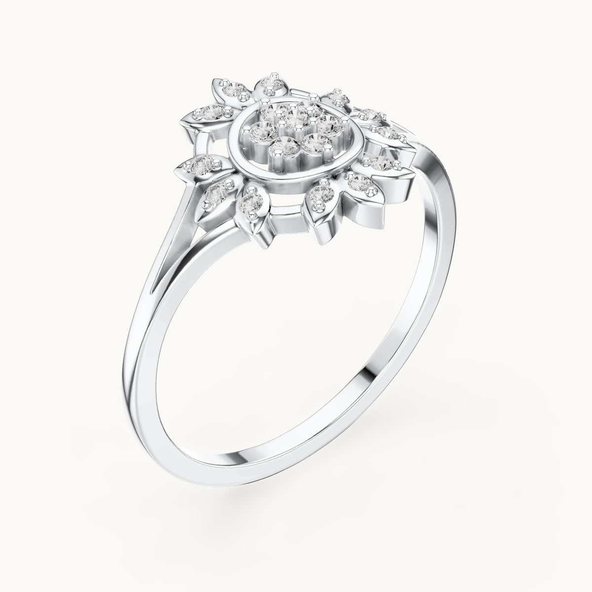 Round lab-grown diamond sunburst flower cluster ring in white gold, 0.14 CT TW, view 2