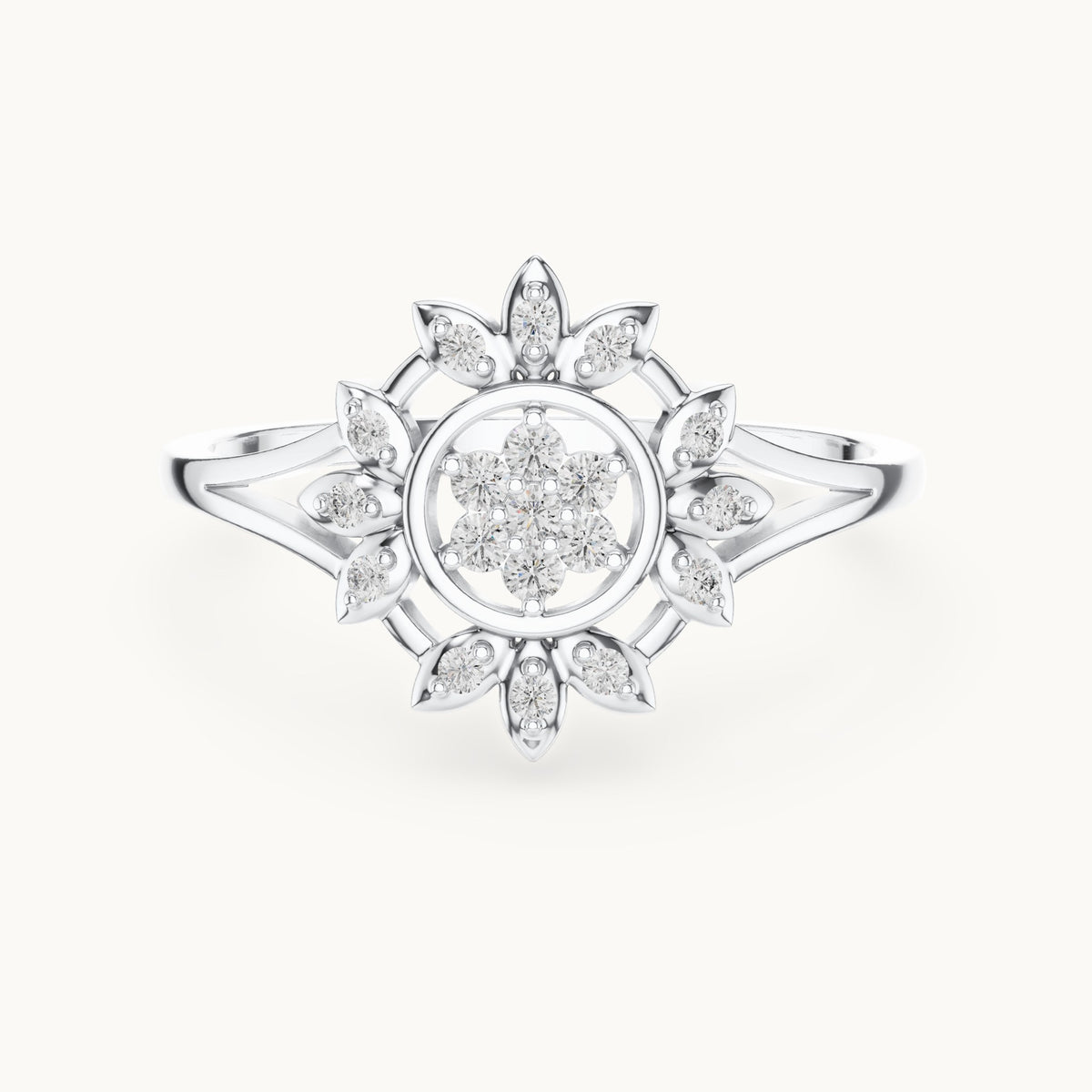Round lab-grown diamond sunburst flower cluster ring in white gold, 0.14 CT TW, view 4