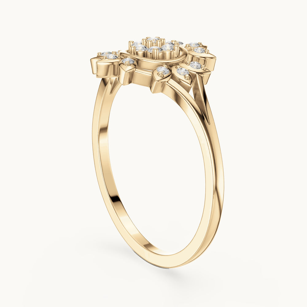 Round lab-grown diamond sunburst flower cluster ring in yellow gold, 0.14 CT TW, view 1