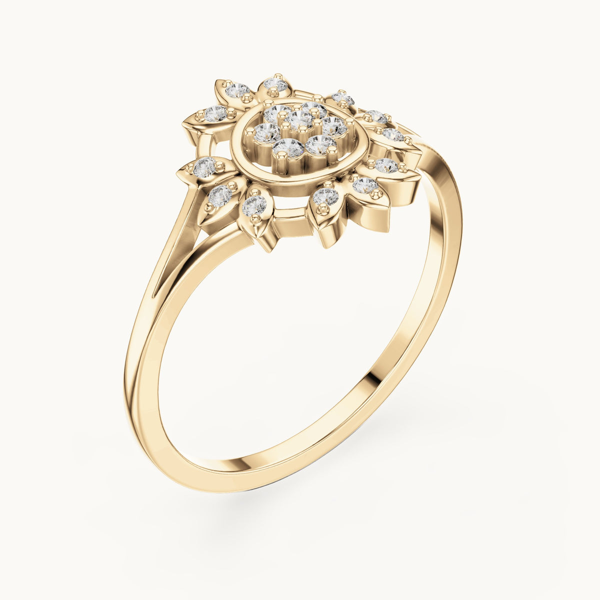 Round lab-grown diamond sunburst flower cluster ring in yellow gold, 0.14 CT TW, view 2