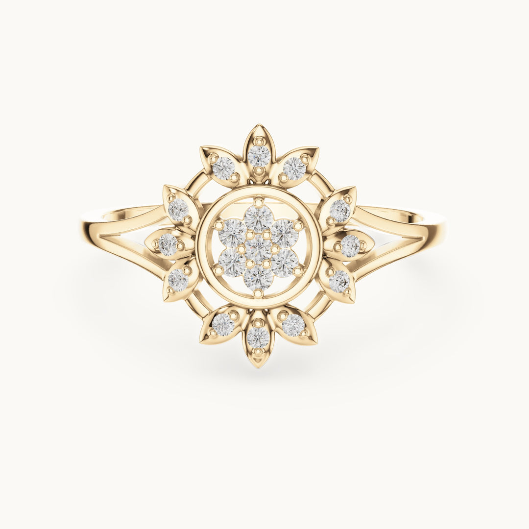 Round lab-grown diamond sunburst flower cluster ring in yellow gold, 0.14 CT TW, view 4