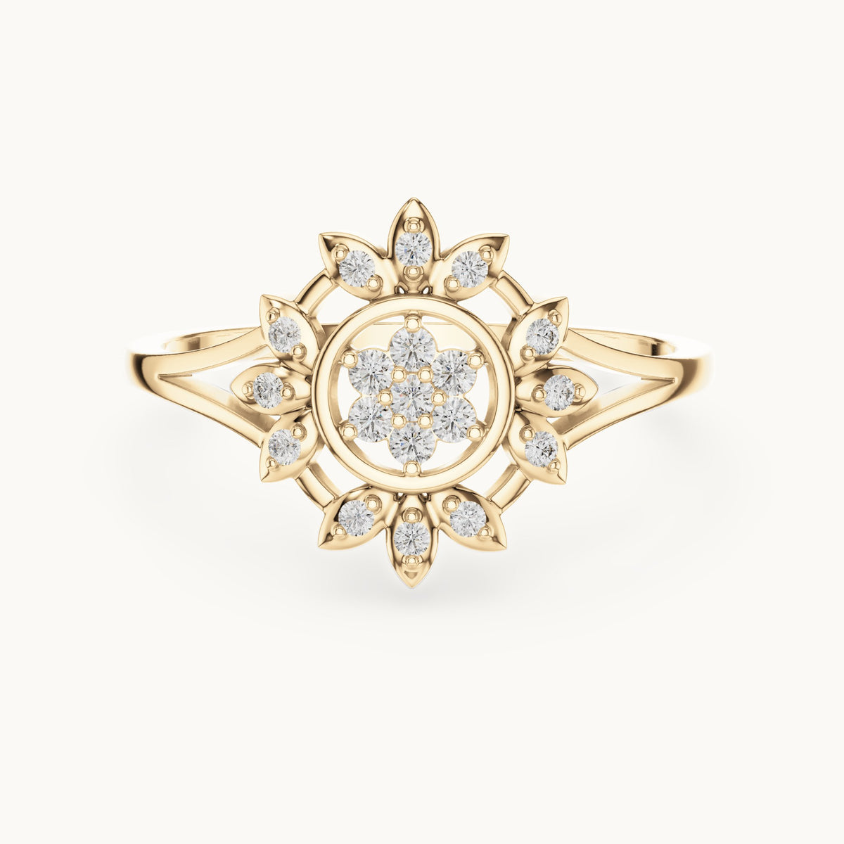 Round lab-grown diamond sunburst flower cluster ring in yellow gold, 0.14 CT TW, view 4