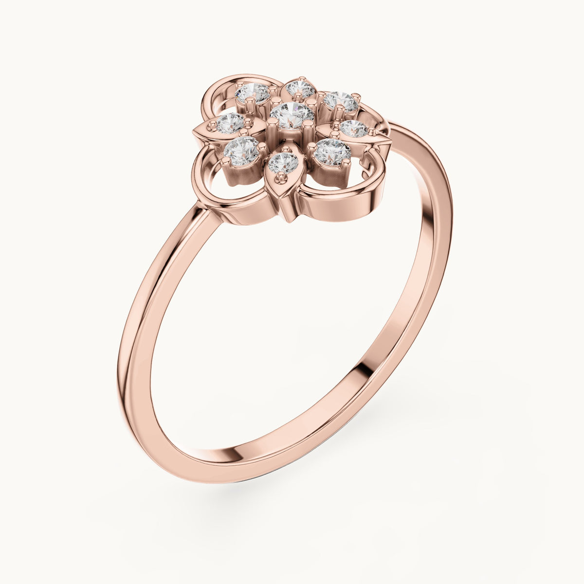 Round lab-grown diamond openwork flower cluster ring in rose gold, 0.12 CT TW, view 2