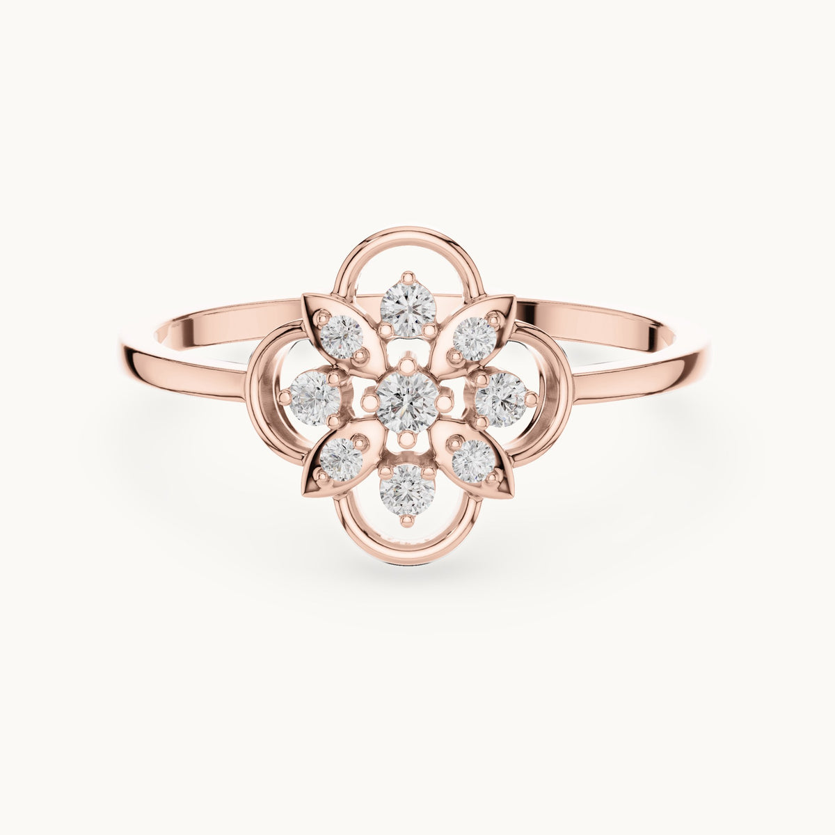 Round lab-grown diamond openwork flower cluster ring in rose gold, 0.12 CT TW, view 4