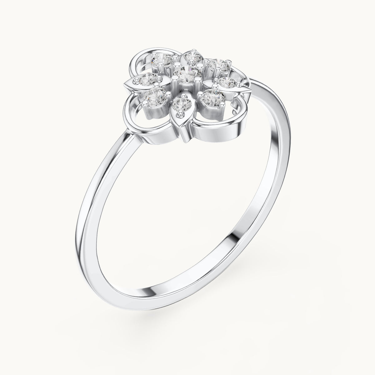 Round lab-grown diamond openwork flower cluster ring in white gold, 0.12 CT TW, view 2