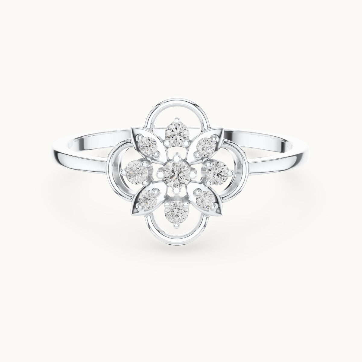Round lab-grown diamond openwork flower cluster ring in white gold, 0.12 CT TW, view 4