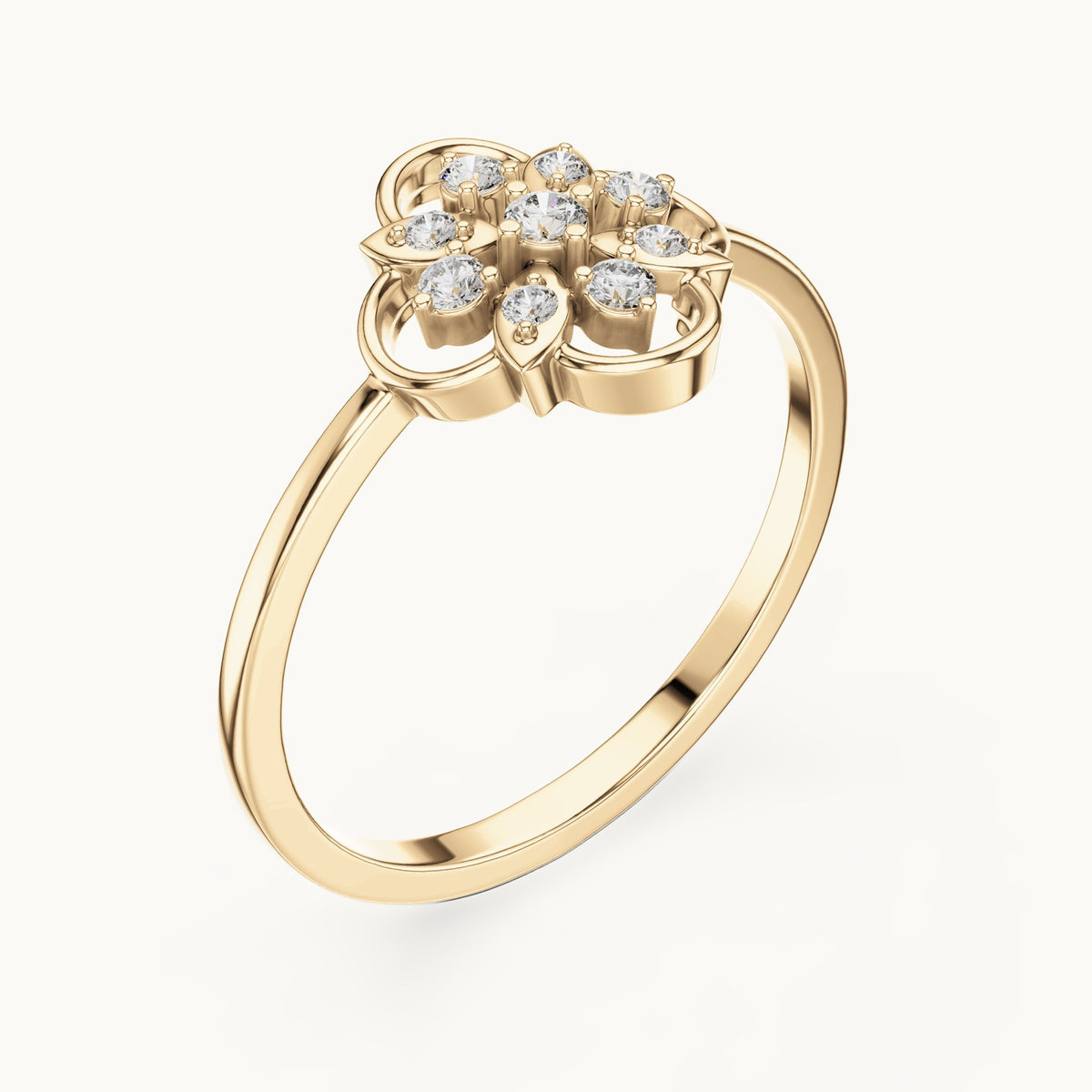Round lab-grown diamond openwork flower cluster ring in yellow gold, 0.12 CT TW, view 2