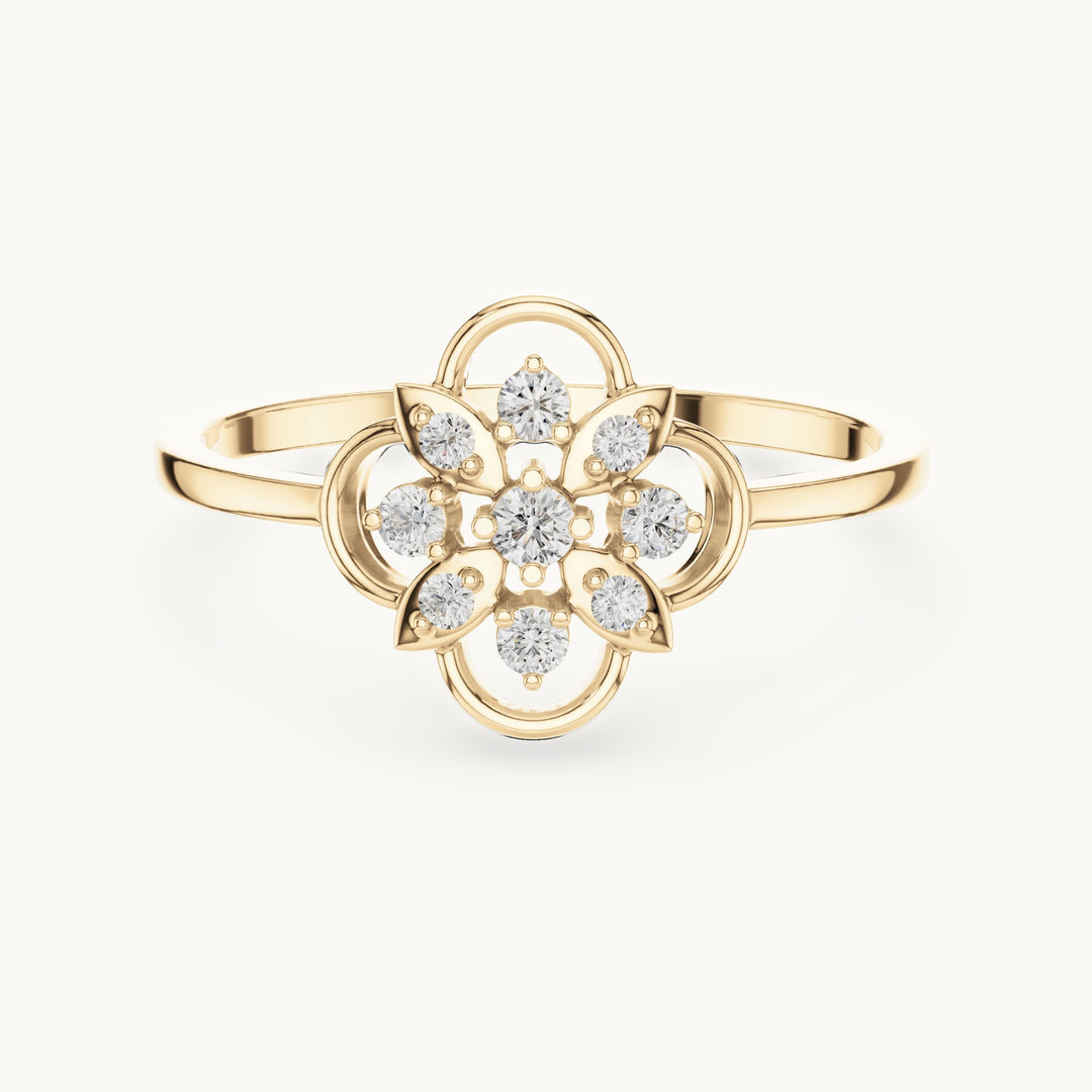 Round lab-grown diamond openwork flower cluster ring in yellow gold, 0.12 CT TW, view 4