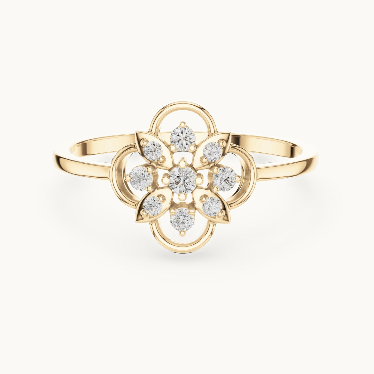 Round lab-grown diamond openwork flower cluster ring in yellow gold, 0.12 CT TW, view 4