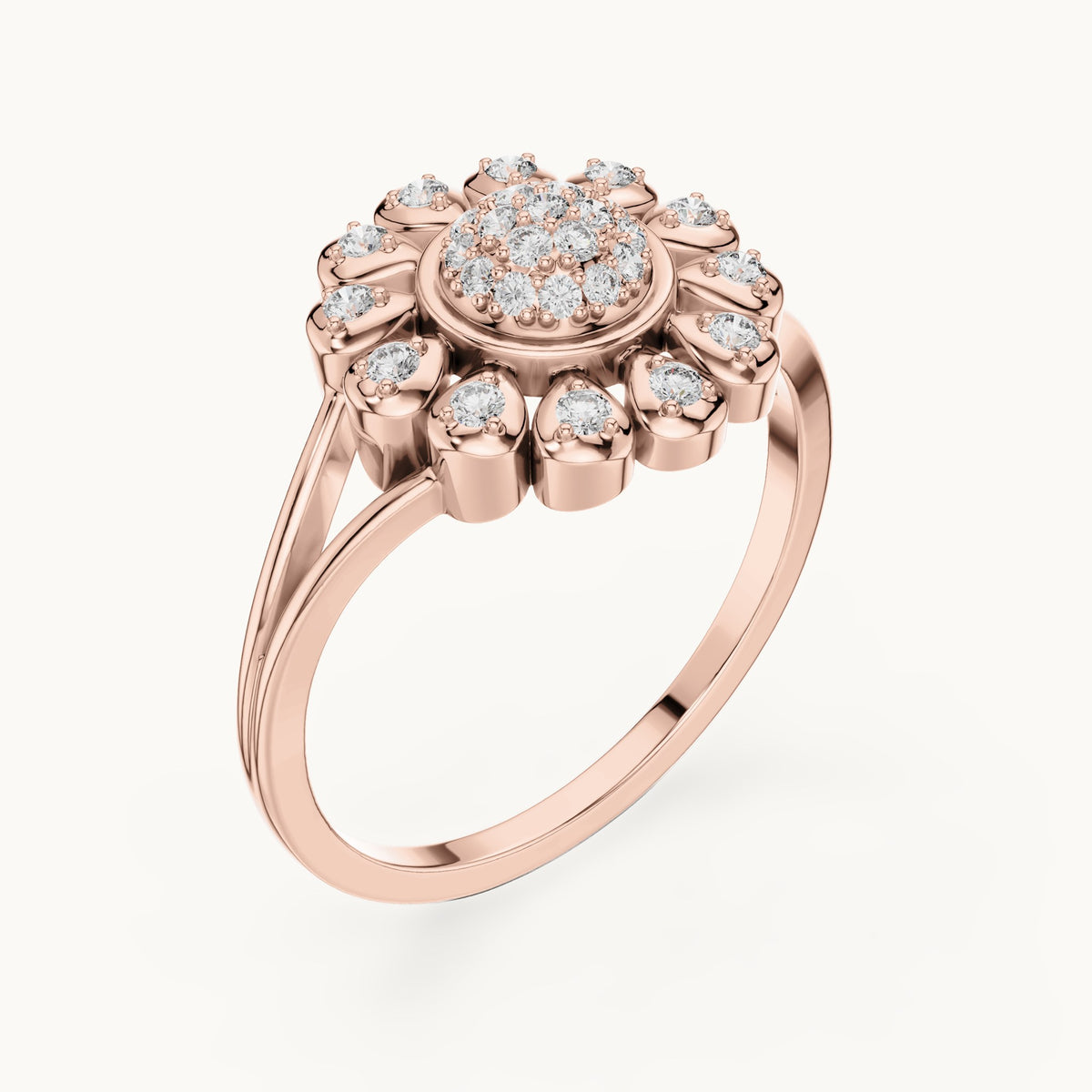 Round lab-grown diamond sunflower halo ring in rose gold, 0.234 CT TW, view 2