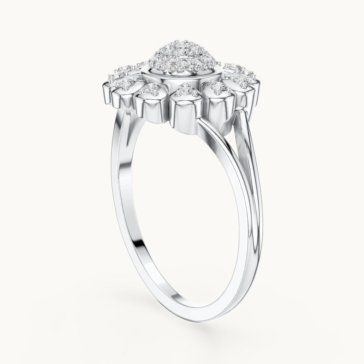 Round lab-grown diamond sunflower halo ring in white gold, 0.234 CT TW, view 1