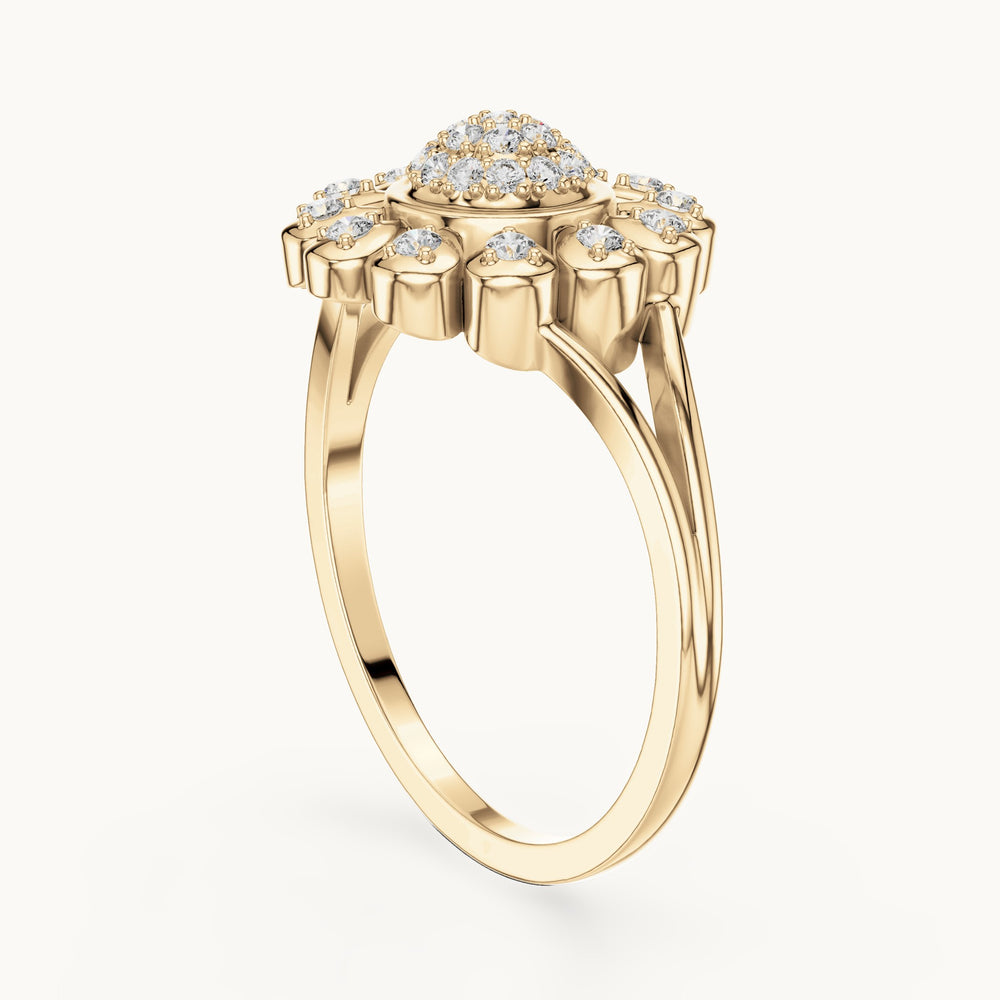Round lab-grown diamond sunflower halo ring in yellow gold, 0.234 CT TW, view 1