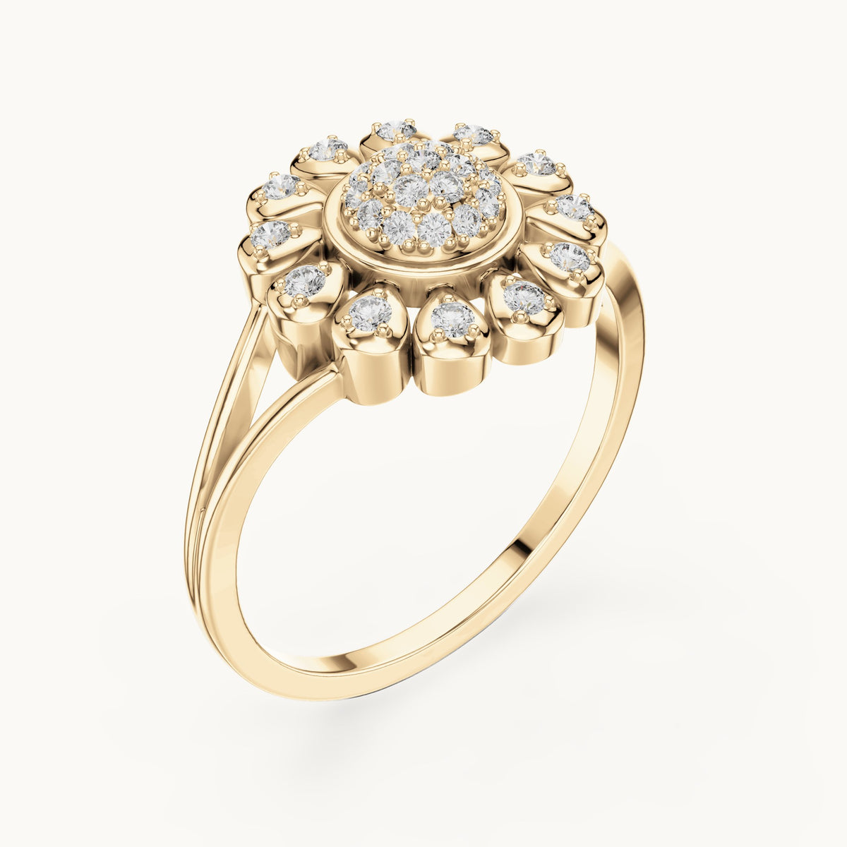 Round lab-grown diamond sunflower halo ring in yellow gold, 0.234 CT TW, view 2