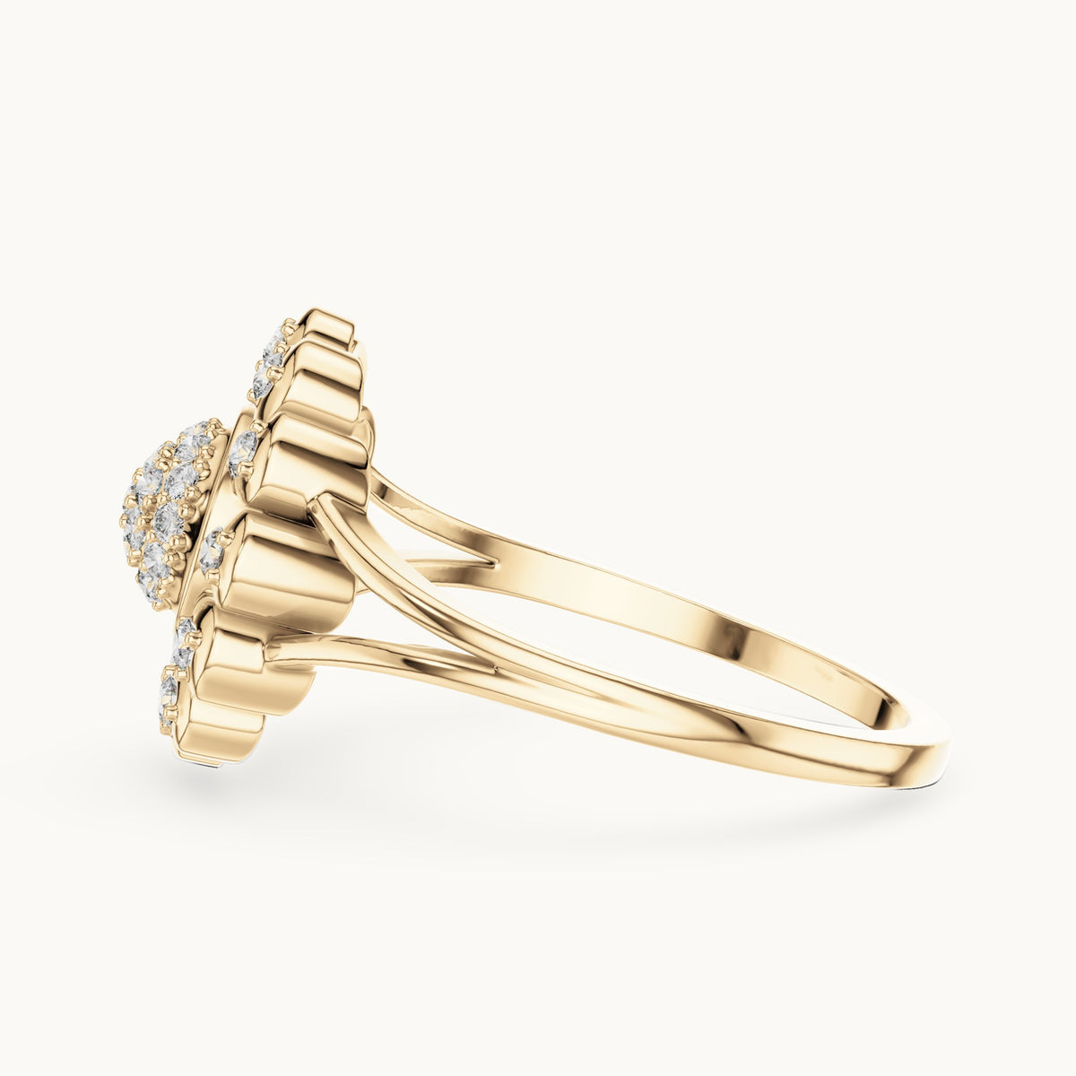 Round lab-grown diamond sunflower halo ring in yellow gold, 0.234 CT TW, view 3