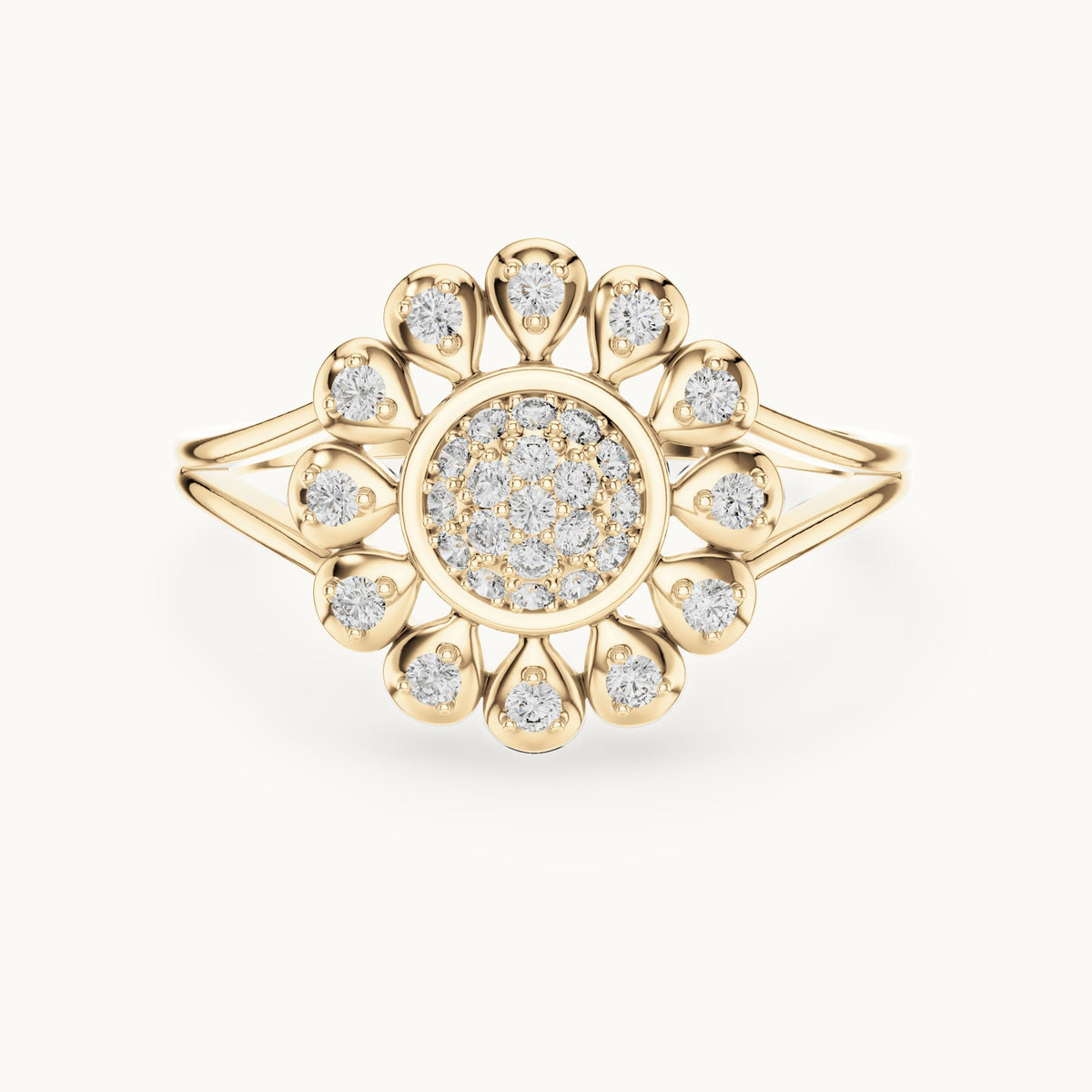 Round lab-grown diamond sunflower halo ring in yellow gold, 0.234 CT TW, view 4