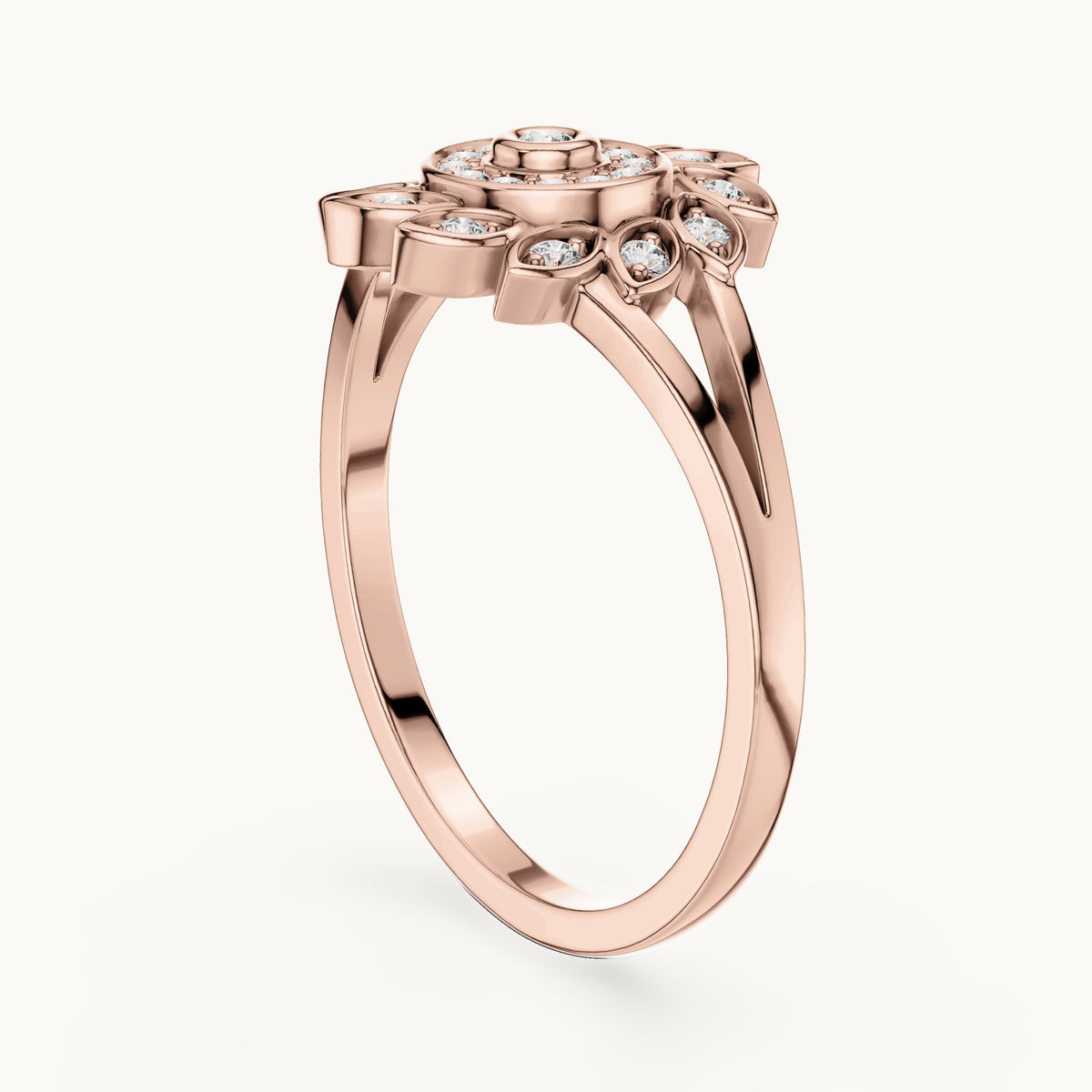 Round lab-grown diamond floral halo ring in rose gold, 0.147 CT TW, view 1