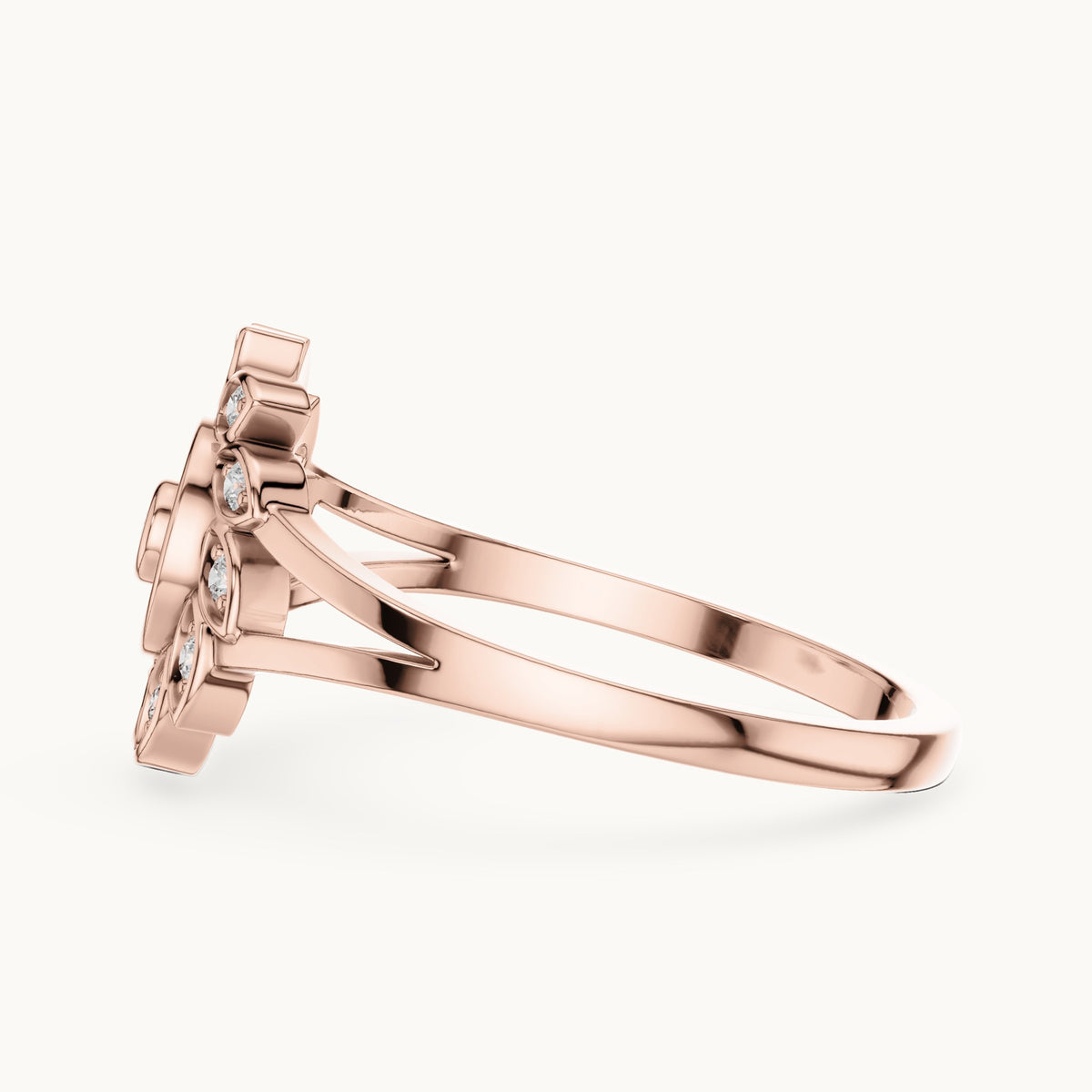 Round lab-grown diamond floral halo ring in rose gold, 0.147 CT TW, view 3