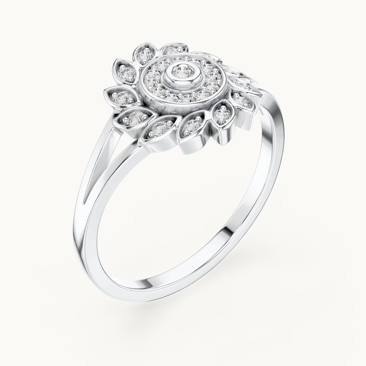 Round lab-grown diamond floral halo ring in white gold, 0.147 CT TW, view 2