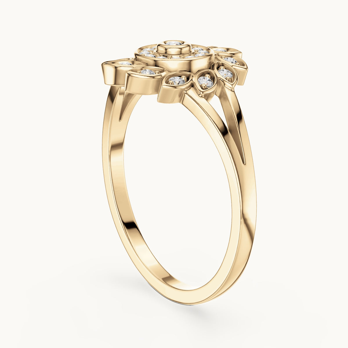 Round lab-grown diamond floral halo ring in yellow gold, 0.147 CT TW, view 1