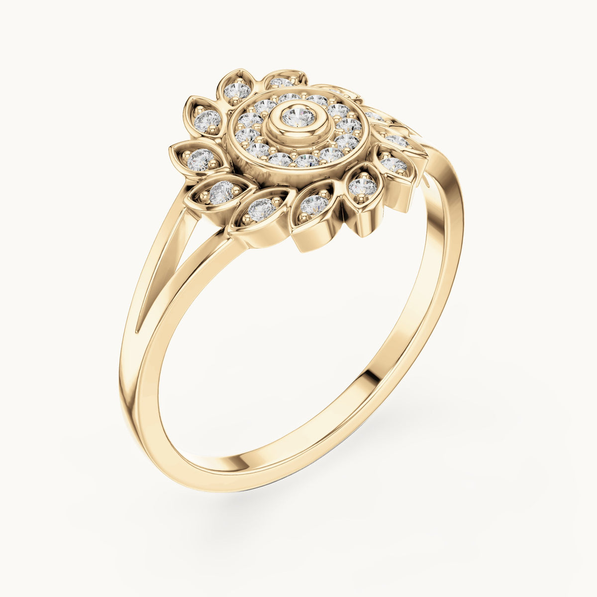 Round lab-grown diamond floral halo ring in yellow gold, 0.147 CT TW, view 2