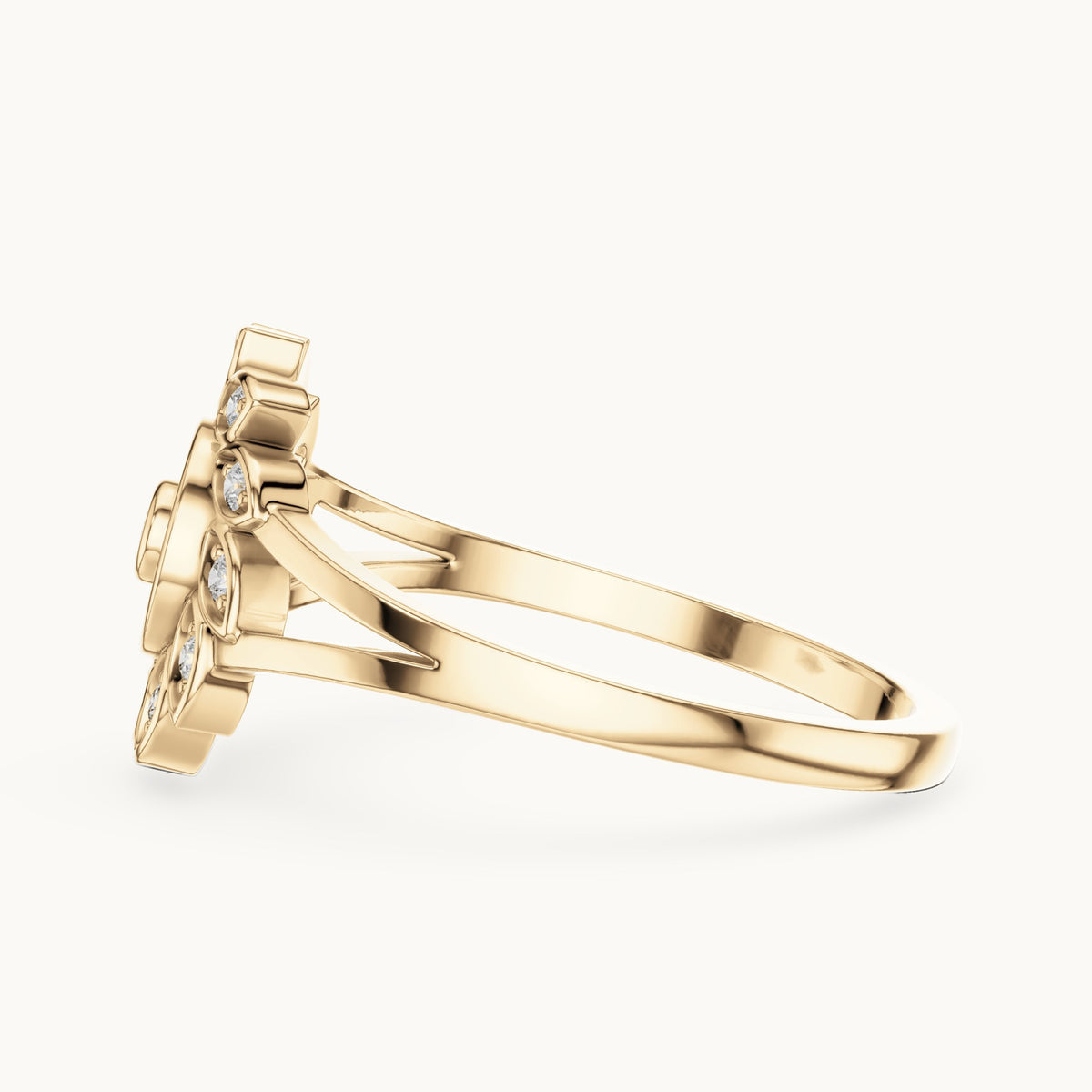 Round lab-grown diamond floral halo ring in yellow gold, 0.147 CT TW, view 3