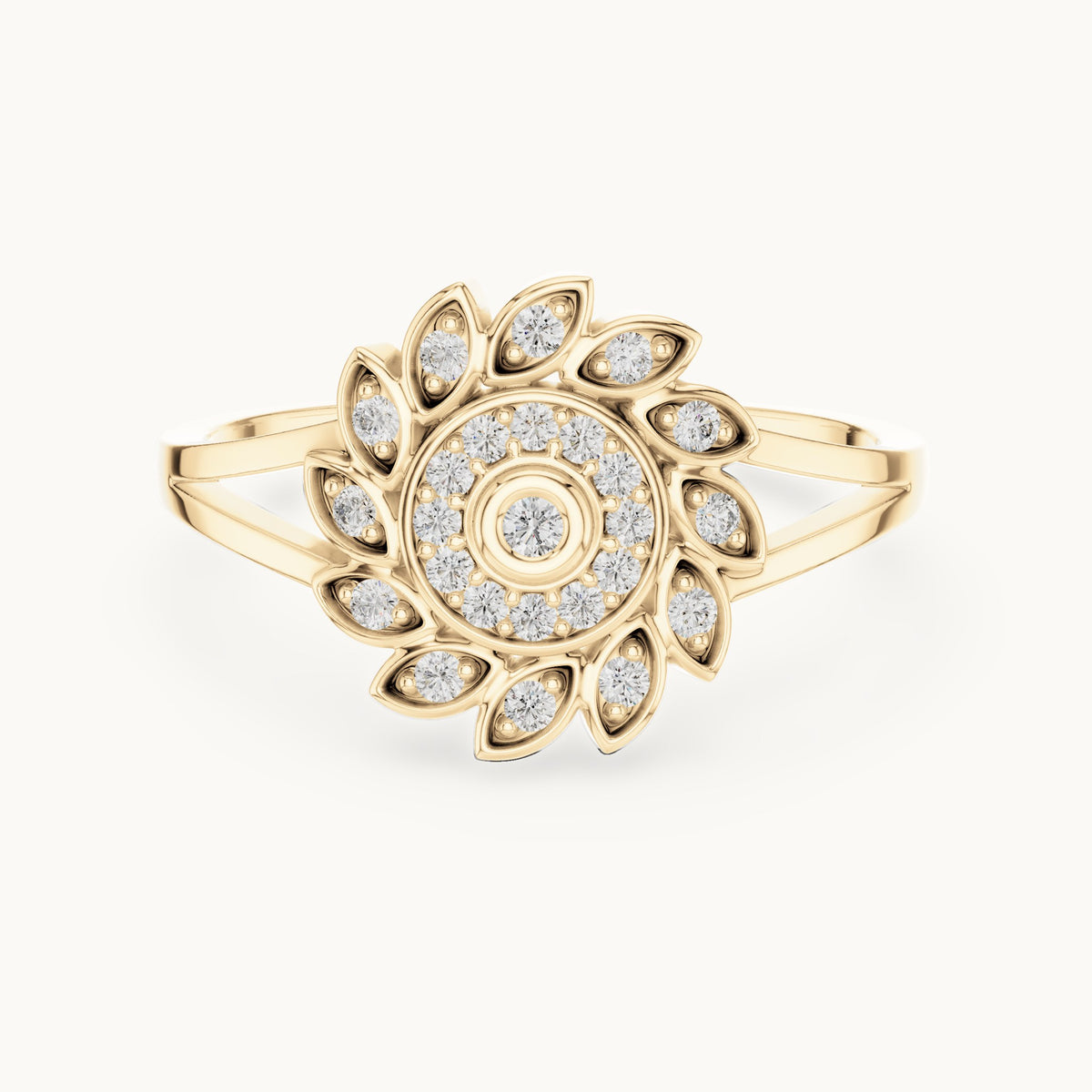 Round lab-grown diamond floral halo ring in yellow gold, 0.147 CT TW, view 4