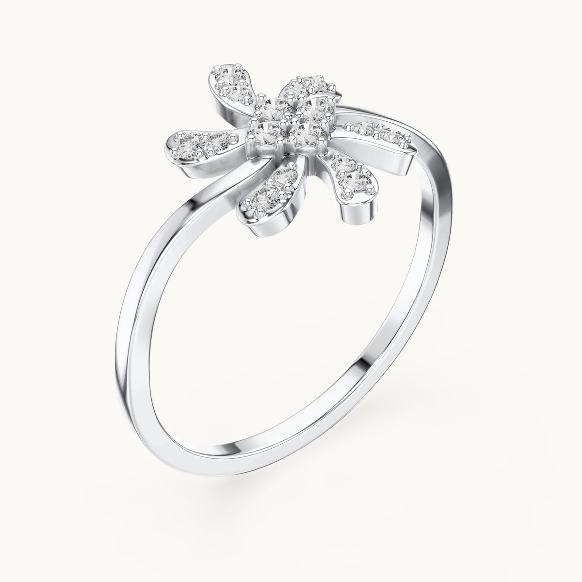 Round lab-grown diamond pinwheel flower ring in white gold, 0.15 CT TW, view 2