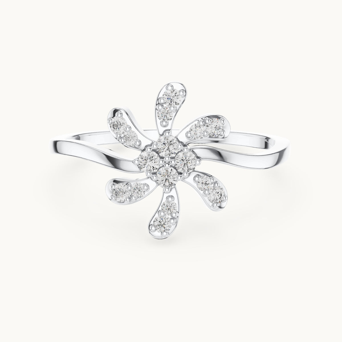 Round lab-grown diamond pinwheel flower ring in white gold, 0.15 CT TW, view 4