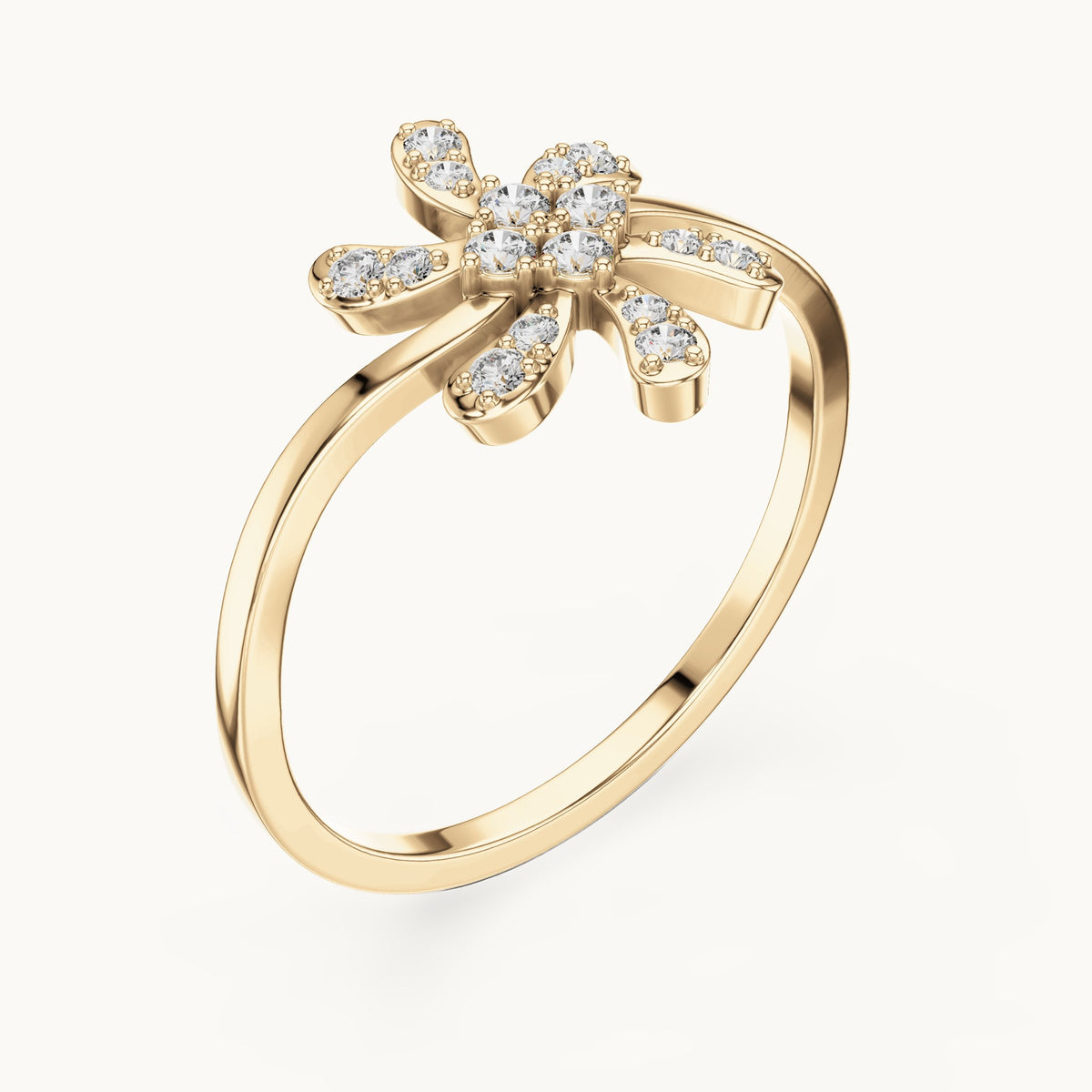 Round lab-grown diamond pinwheel flower ring in yellow gold, 0.15 CT TW, view 2