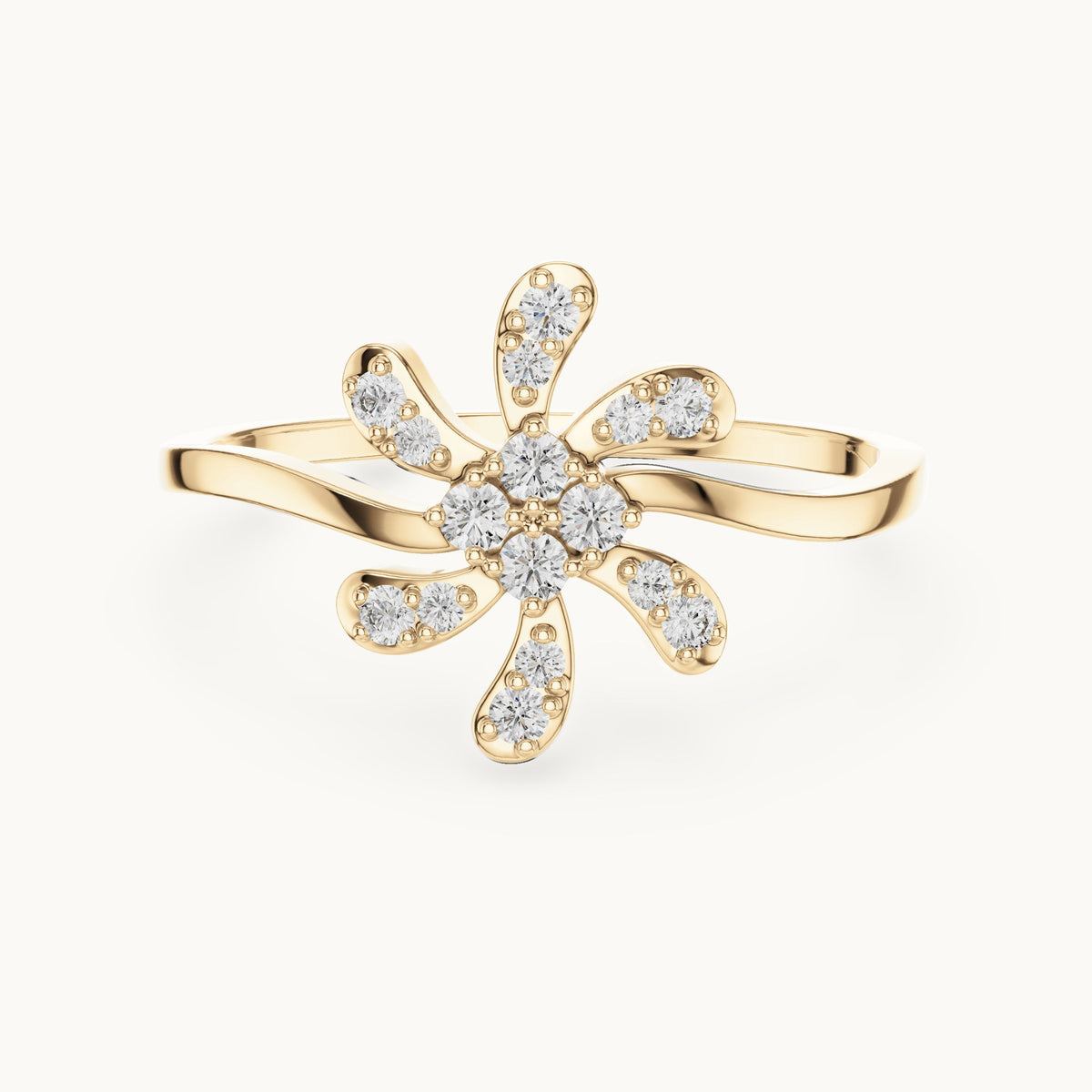 Round lab-grown diamond pinwheel flower ring in yellow gold, 0.15 CT TW, view 4
