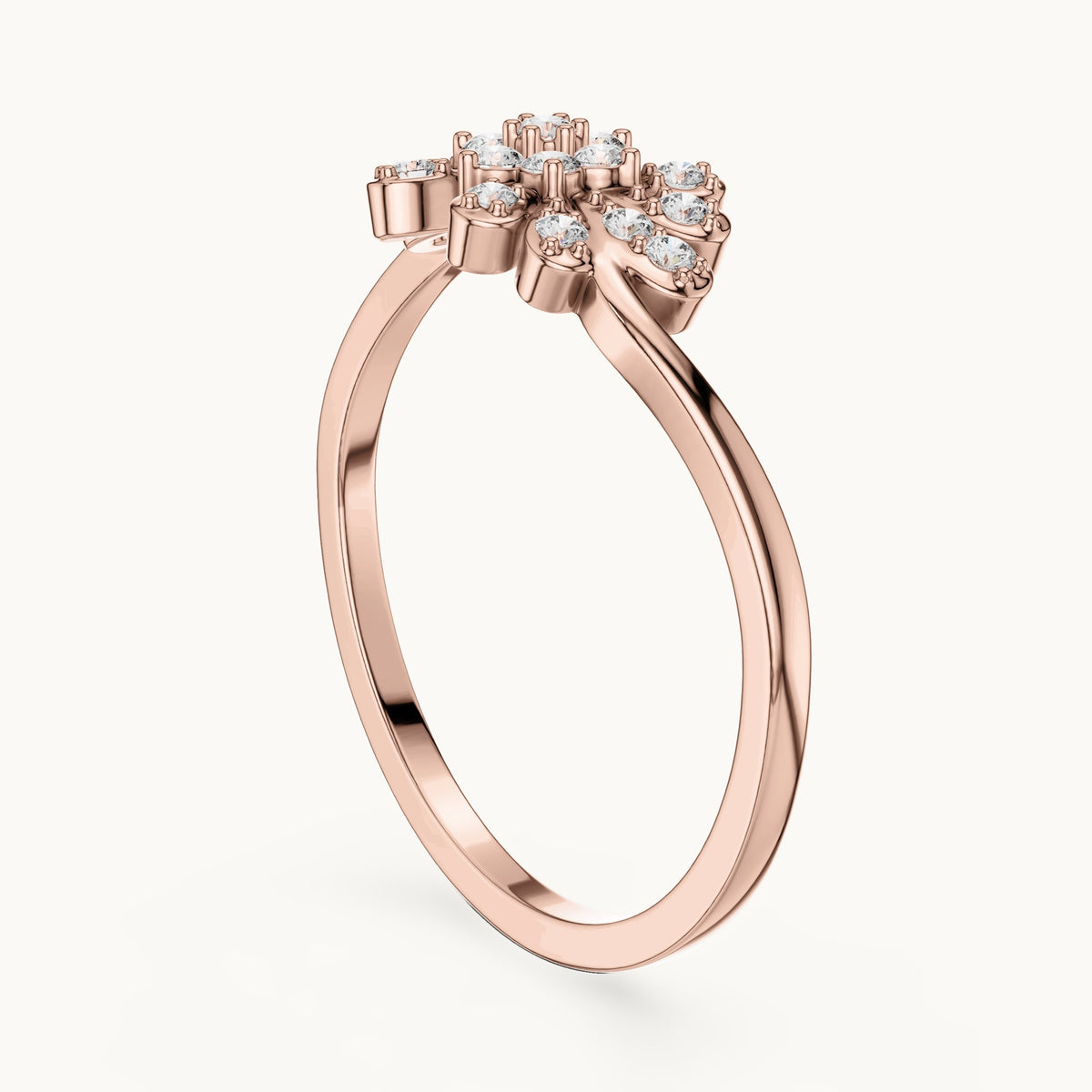 Round lab-grown diamond flower and leaf cluster bypass ring in rose gold, 0.16 CT TW, view 1