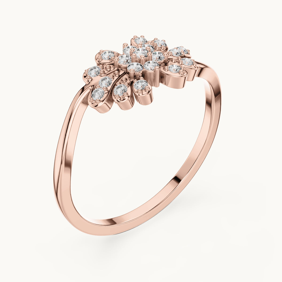 Round lab-grown diamond flower and leaf cluster bypass ring in rose gold, 0.16 CT TW, view 2