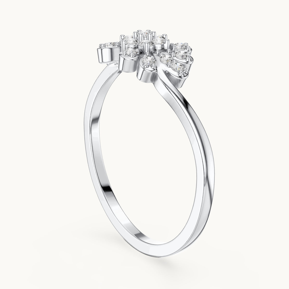 Round lab-grown diamond flower and leaf cluster bypass ring in white gold, 0.16 CT TW, view 1