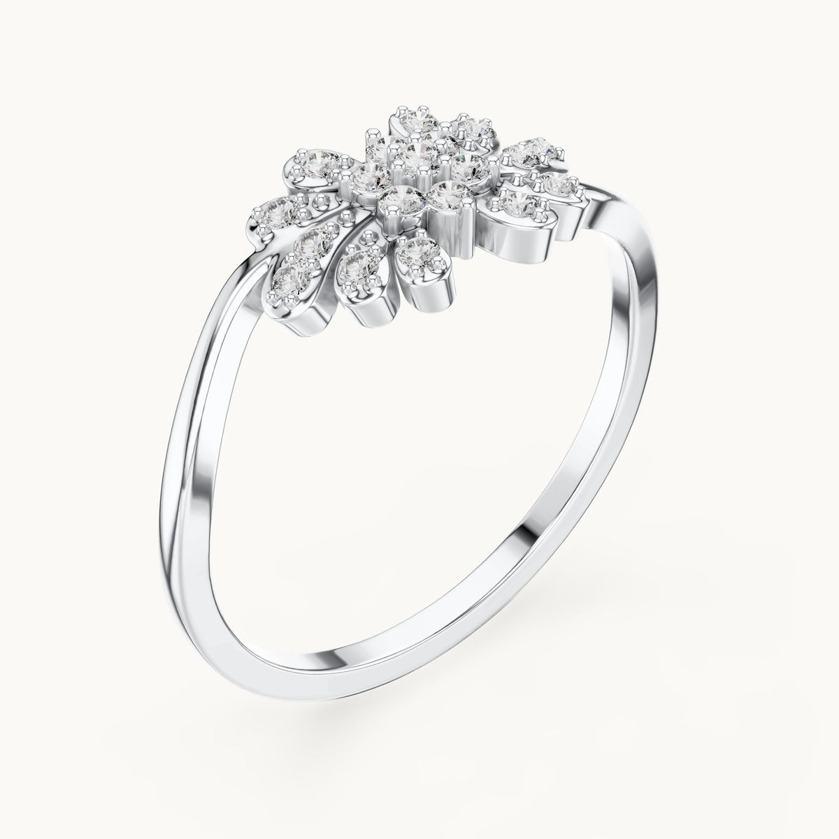 Round lab-grown diamond flower and leaf cluster bypass ring in white gold, 0.16 CT TW, view 2