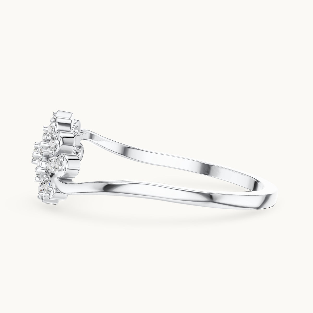 Round lab-grown diamond flower and leaf cluster bypass ring in white gold, 0.16 CT TW, view 3