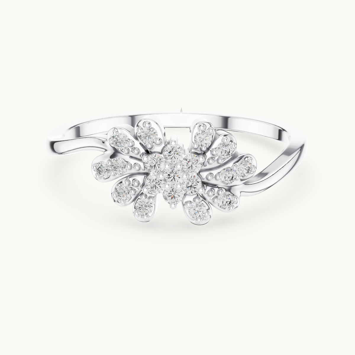Round lab-grown diamond flower and leaf cluster bypass ring in white gold, 0.16 CT TW, view 4