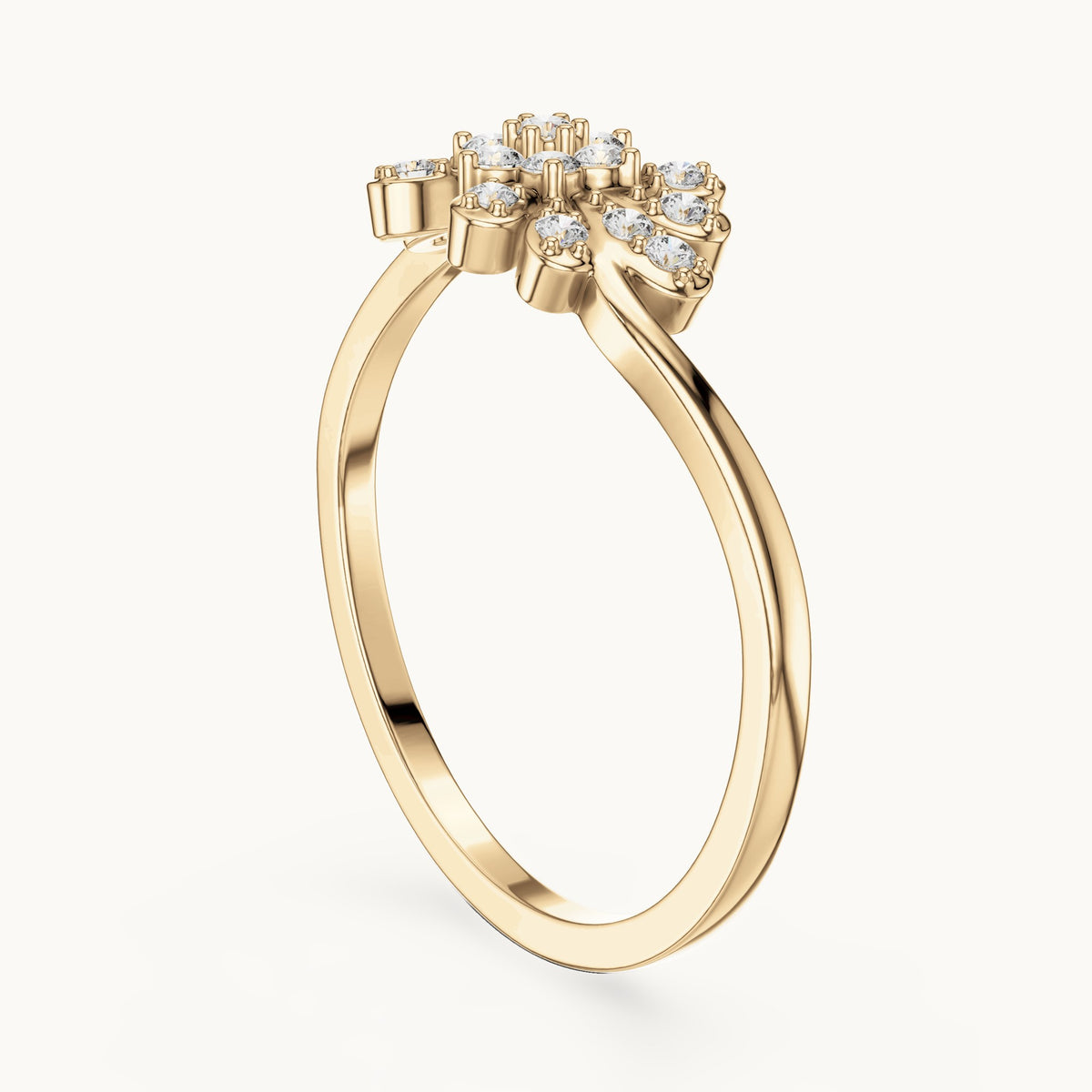 Round lab-grown diamond flower and leaf cluster bypass ring in yellow gold, 0.16 CT TW, view 1