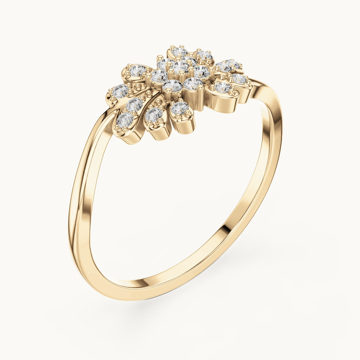 Round lab-grown diamond flower and leaf cluster bypass ring in yellow gold, 0.16 CT TW, view 2