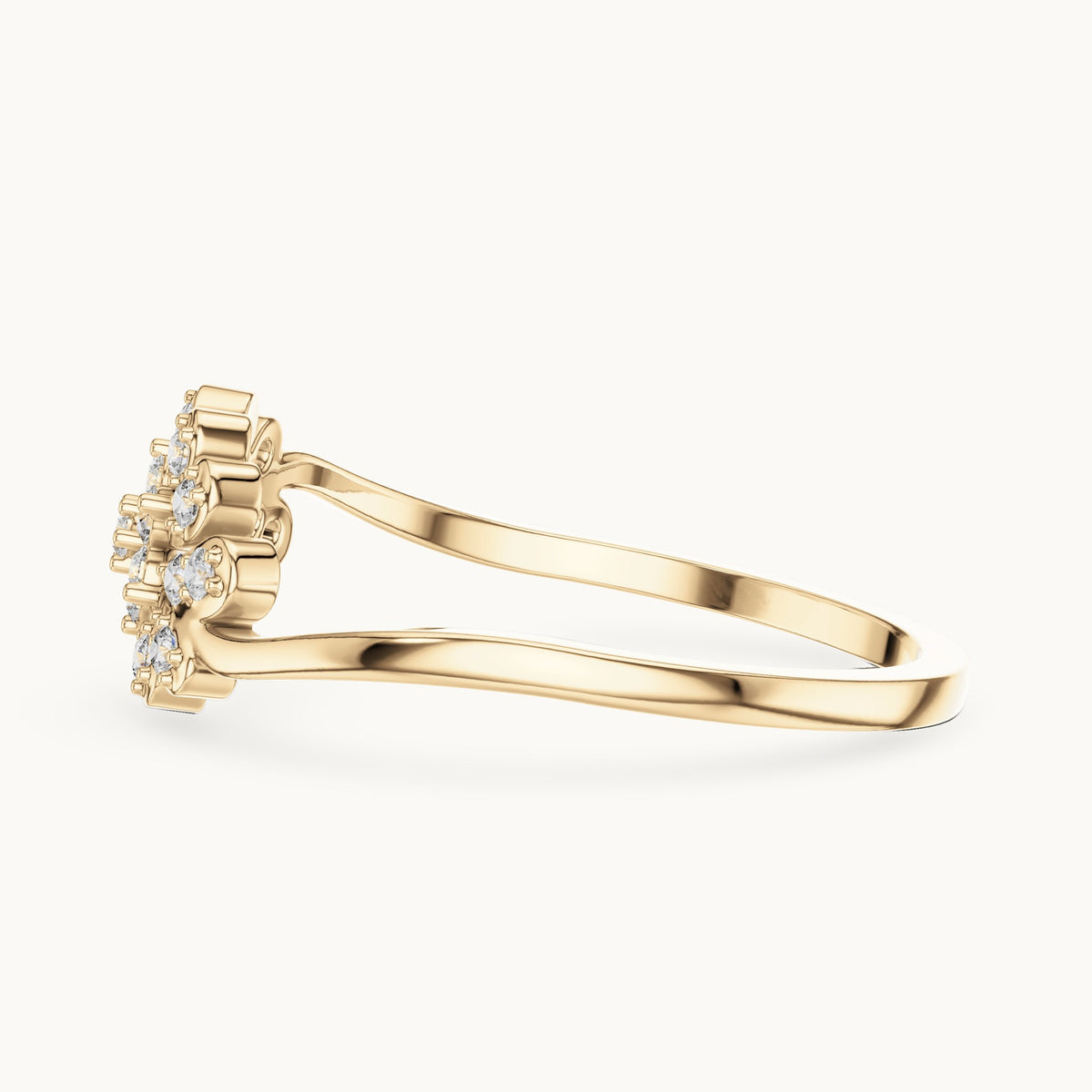 Round lab-grown diamond flower and leaf cluster bypass ring in yellow gold, 0.16 CT TW, view 3