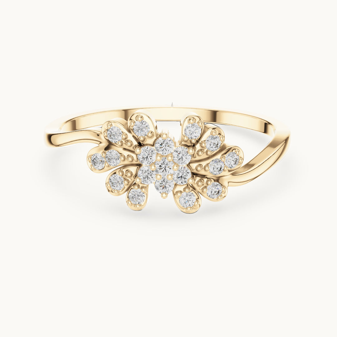 Round lab-grown diamond flower and leaf cluster bypass ring in yellow gold, 0.16 CT TW, view 4