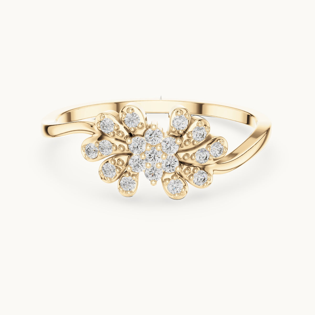 Round lab-grown diamond flower and leaf cluster bypass ring in yellow gold, 0.16 CT TW, view 4