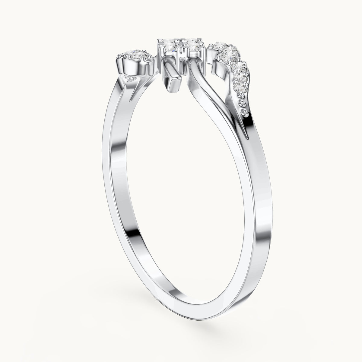 Round lab-grown diamond swirl bypass cluster ring in white gold, 0.12 CT TW, view 1